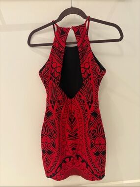 Parker Red & Black Geometric Backless Halter Bodycon Dress